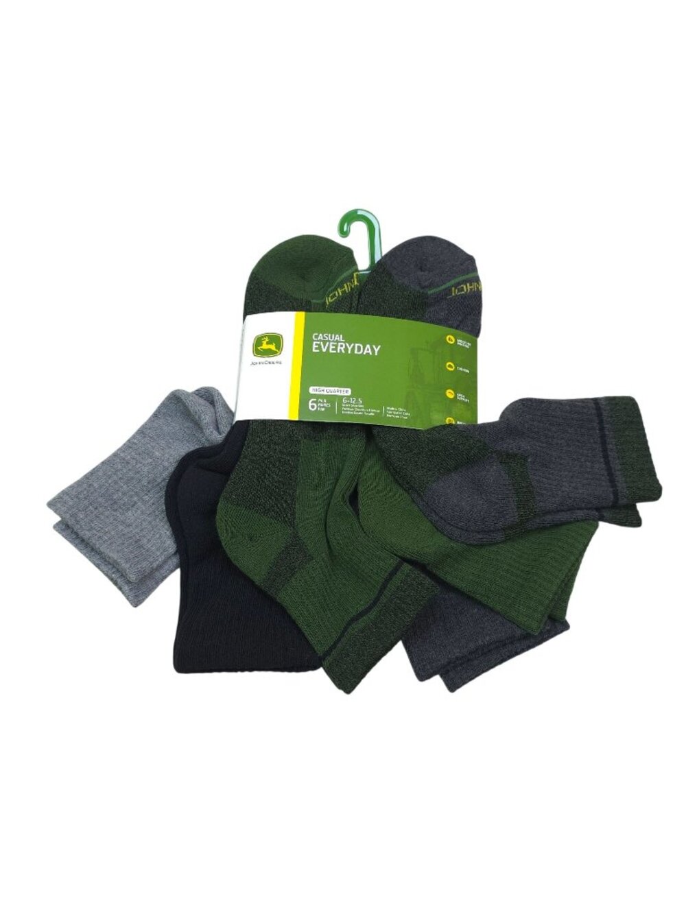 John Deere Mens High Quarter Socks 6-Pack Moisture-Wicking Cushioned Breathable